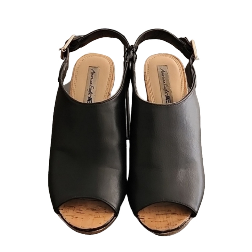 AEO AMERICAN EAGLE Slingback Cork Wedge Sandals 8.5 Pebbled Black Vegan Leather - Picture 4 of 16